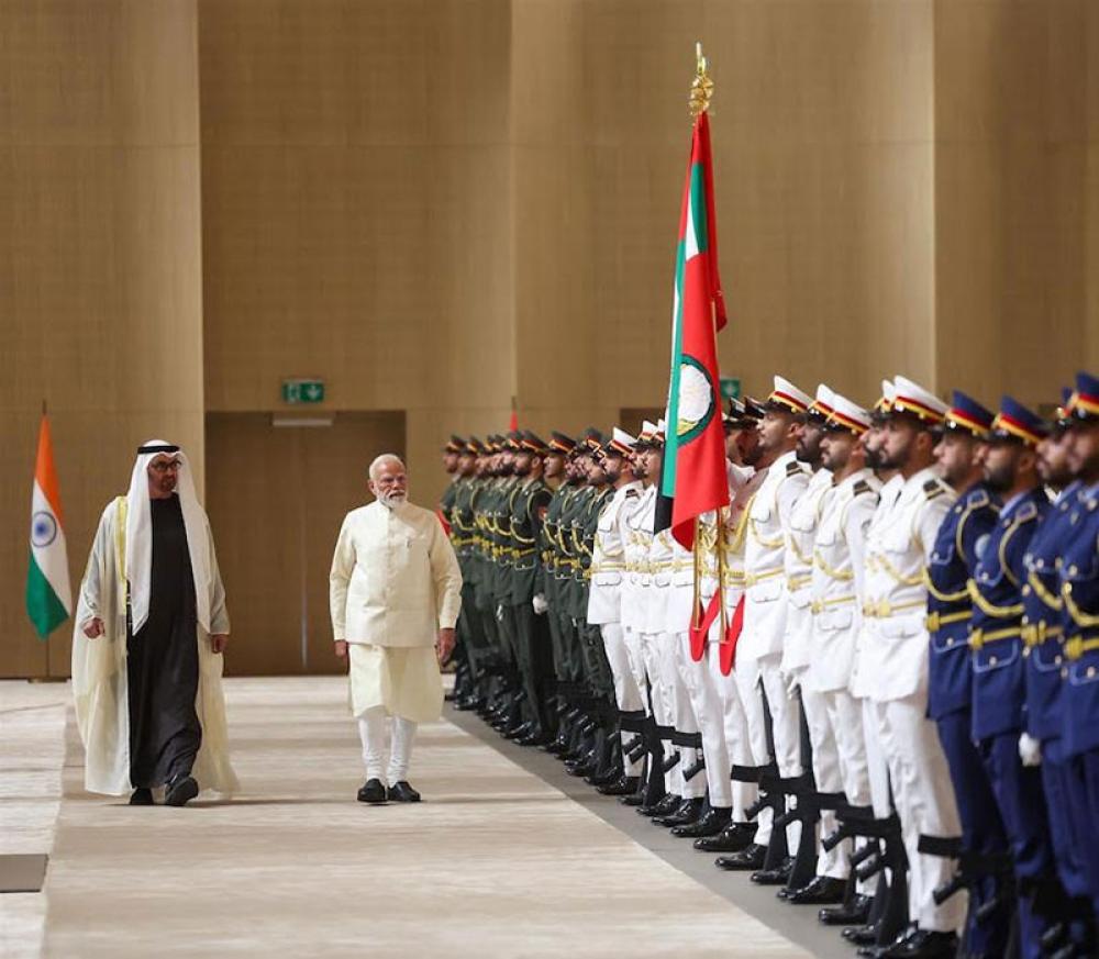 UAE President Sheikh Mohamed bin Zayed Al Nahyan received PM Modi in Abu Dhabi. Photo: PIB