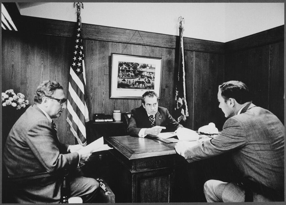 Kissinger and President Richard Nixon discussing the Vietnam situation in Camp David, 1972 (with Alexander Haig). Photo courtesy: Wikipedia/Creative Commons