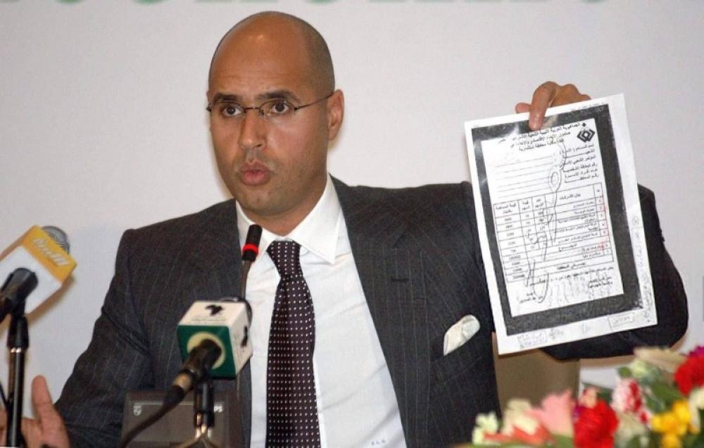 Saif al-Islam Gaddafi at a public meeting in Libya in 2011. Photo: Wikimedia Commons/Mohamed Hassan/Saif al-Islam Gaddafi