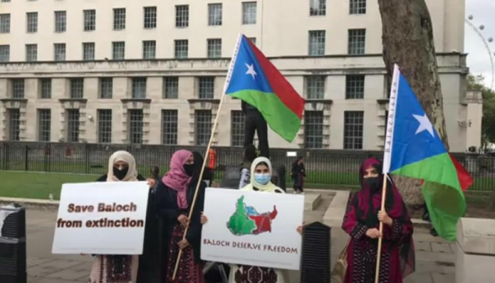 Protesters assemble in front of Boris Johnson's residence in London, demonstrate against enforced disappearances in Balochistan