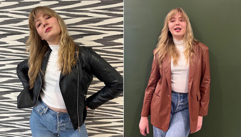 University of Missouri student Aiyana Massie models a H&M synthetic leather jacket in her apartment lobby. H&M participates in the Leather Working Group, which sets standards for the production of leather goods and partners with the World Wildlife Fund and Textile Exchange. Photo by Team Mizzou 